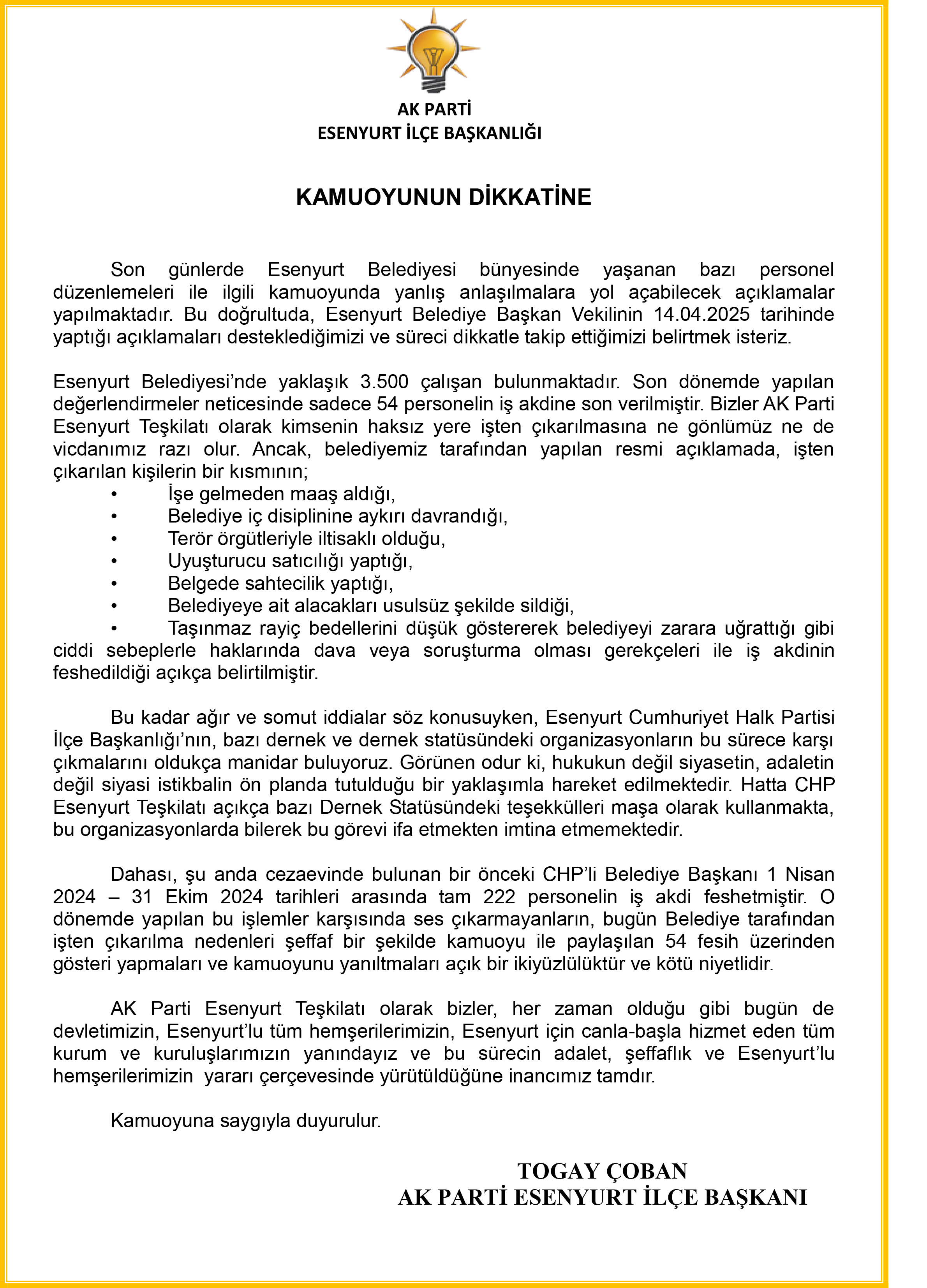 BELEDİYE’NİN İŞTEN ÇIKARMALARINA AK PARTİ’DEN DE AÇIKLAMA GELDİ..